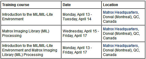 Matrox Imaging Library (MIL) Classroom Training Scheduled for April ...