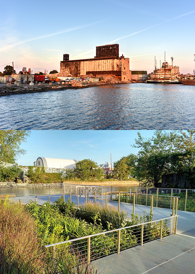 A “Sponge park” (bottom) was added along the Gowanus Canal (top, before park was built) in Brooklyn, New York. Such green infrastructure can serve many sustainability goals at once, whether it’s providing a home for wildlife, enhancing visitors’ sense of well-being or absorbing stormwater before it washes sewage into the bay.