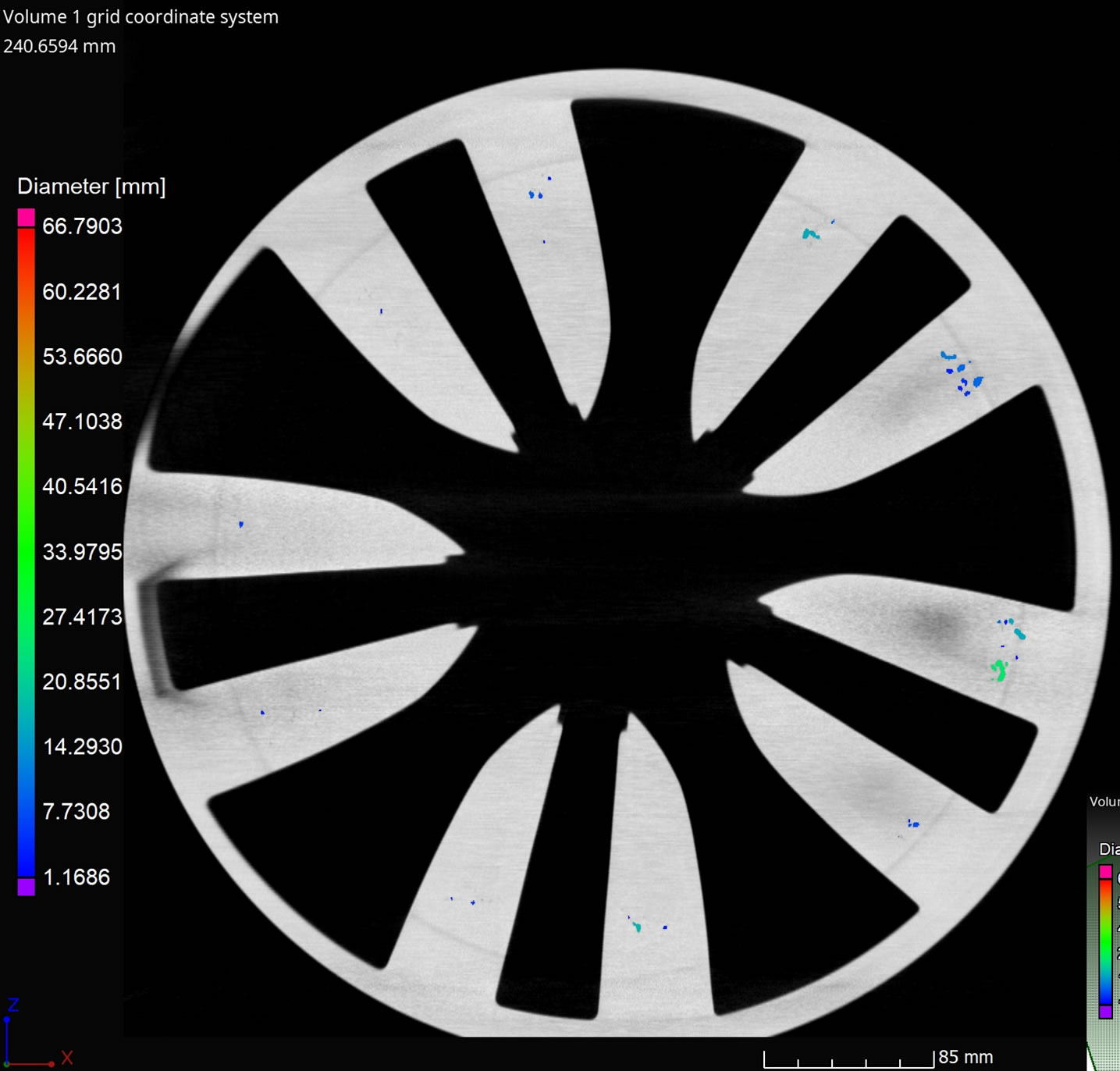 Fan Beam CT slice of 20-in. wheel with volumetric porosity analysis enabled
